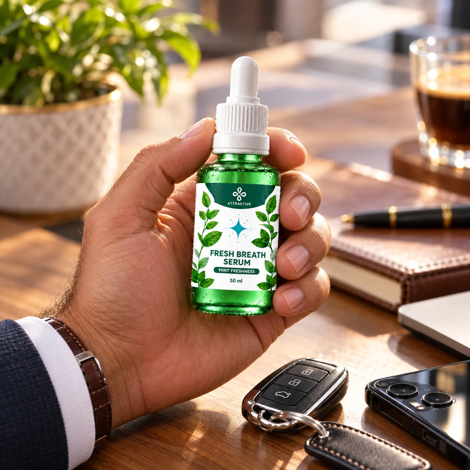 قارورة Fresh Breath Serum في يد رجل على مكتب