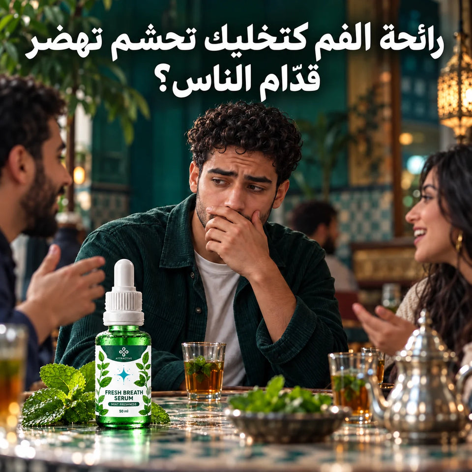 رجل محرج من رائحة الفم مع عنوان دارجة داخل الصورة