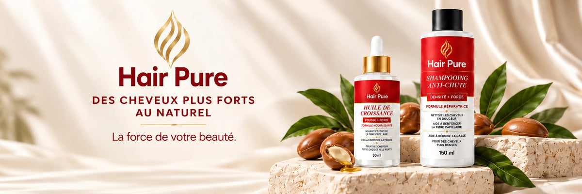 Hair Pure, shampooing anti-chute et huile de croissance dans un décor ivoire